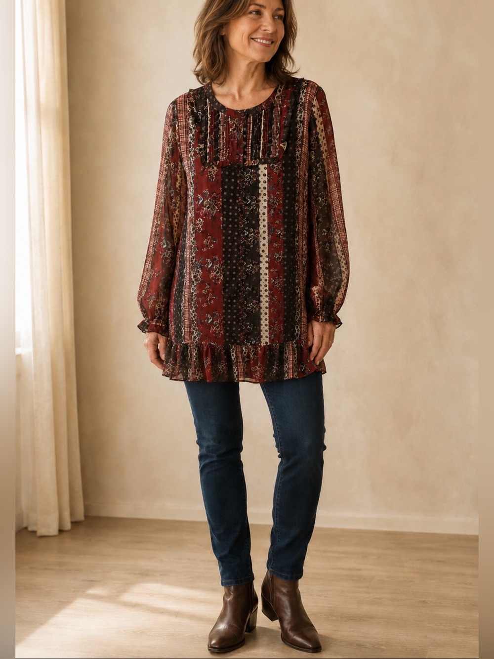 LOGO by Lori Goldstein Patchwork Chiffon Boho Tunic Top